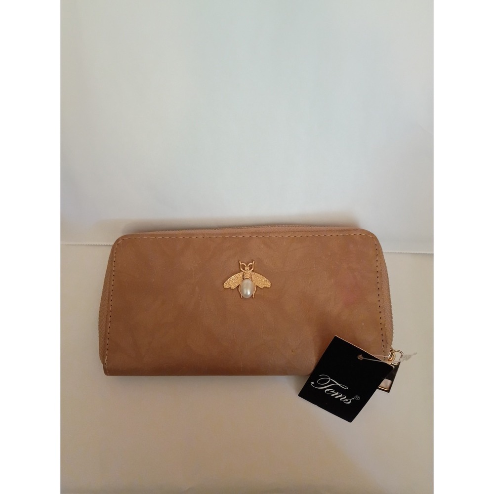 Tems brand zip-around clutch wallet Brown With A Gold And Pearl Accented Bee